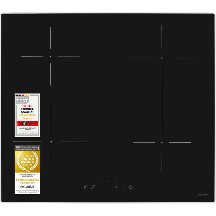 Exquisit EKI600-SF-B-R-380, Induktionskochfeld mit 4 Kochzonen, 7000 W, Booster-Funktion, Brückenfunktion, Touch-Control, Kindersicherung, Schwarz