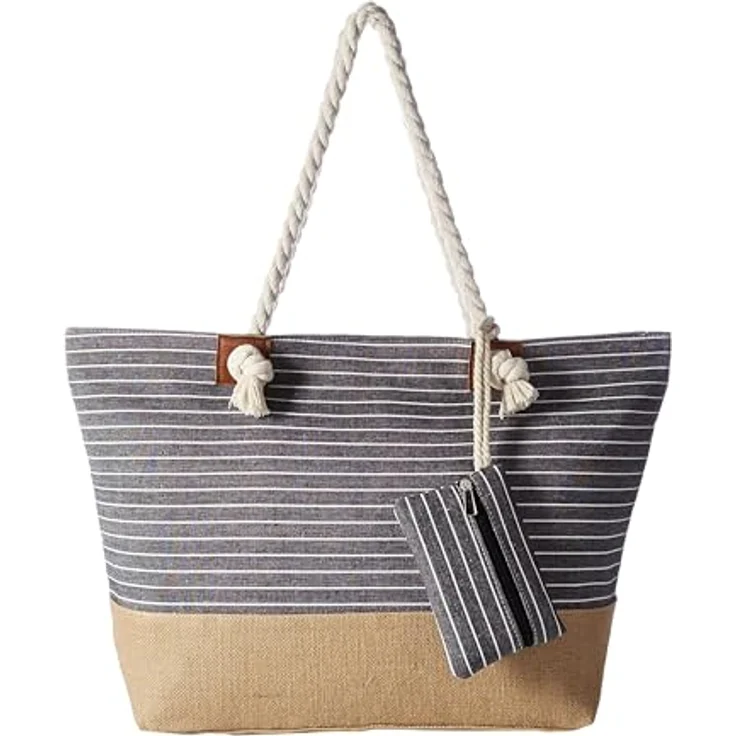 DonDon XXL Strandtasche mit Reißverschluss, praktische Shopper Tasche Damen, gestreift schwarz, multifunktionale Badetasche für Strand und Alltag – Bild 1