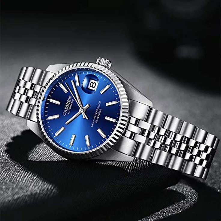 CADISEN Herren Automatikuhr, Elegante mechanische Uhr mit Saphirglas, Kalender und Edelstahlarmband, wasserdicht bis 50 m, Blau – Bild 4