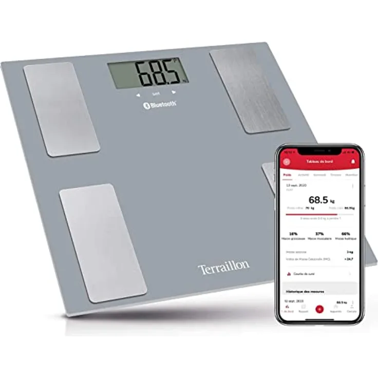 TERRAILLON Smart Connect Personenwaage – BMI – 8 Benutzer – Bluetooth Low Energy – Kapazität 160 kg – Grau