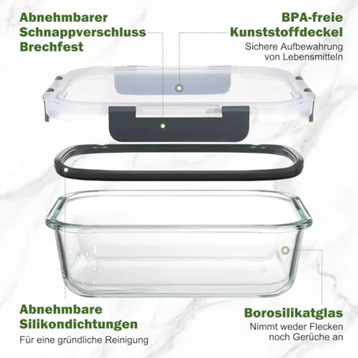 YASHE 5er Set Glasbehälter mit Deckel, 1040ml, Stapelbar & Luftdicht, BPA-frei, Spülmaschinenfest, Mikrowellen- und Gefrierschrankgeeignet – Bild 3