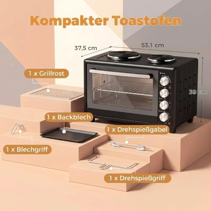HOMCOM Minibackofen mit Umluft und 2 Kochplatten, 36L, 90-230℃, 60-Min.-Timer, Schwarz – Bild 3