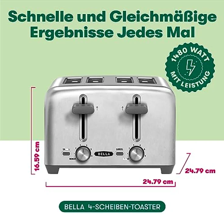 BELLA 4-Scheiben-Toaster mit extra breiten Toastschlitzen und herausnehmbarem Krümelfach – 6 Bräunungsstufen, Abschaltautomatik und Aufwärmfunktion – Toastbrot, Bagel und Waffeln – Bild 2