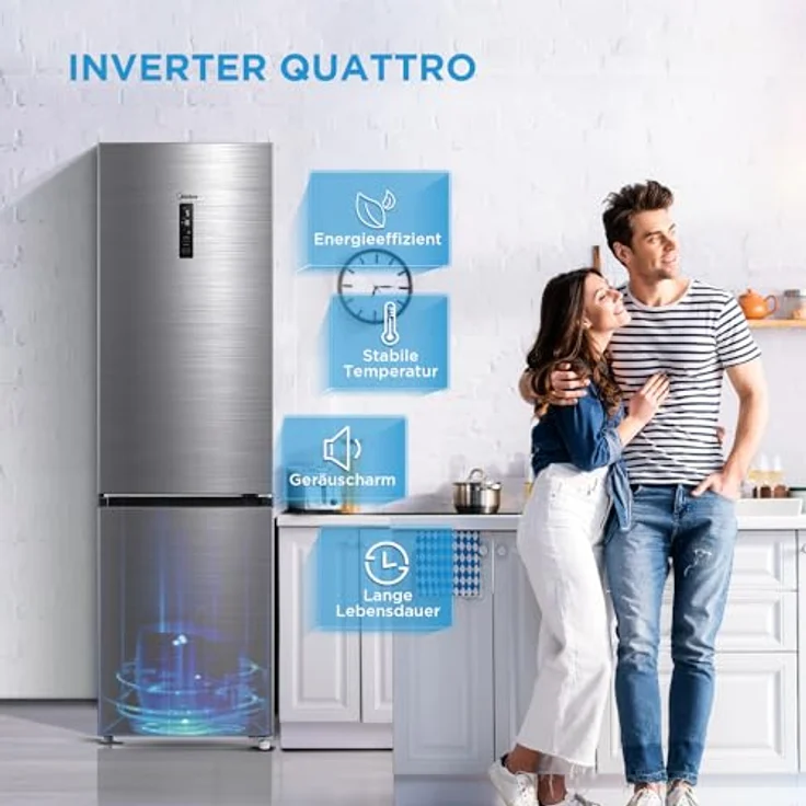Midea MDRB521MIC46A Kühl-/Gefrierkombination/No Frost/WiFi-Steuerung/201 cm hoch / 59,5 cm breit /70 cm tiefe/177 kWh/Jahr/256 L Kühlteil/ 122 L Gefrierteil/Inverter Kompressor, Front Inox – Bild 4
