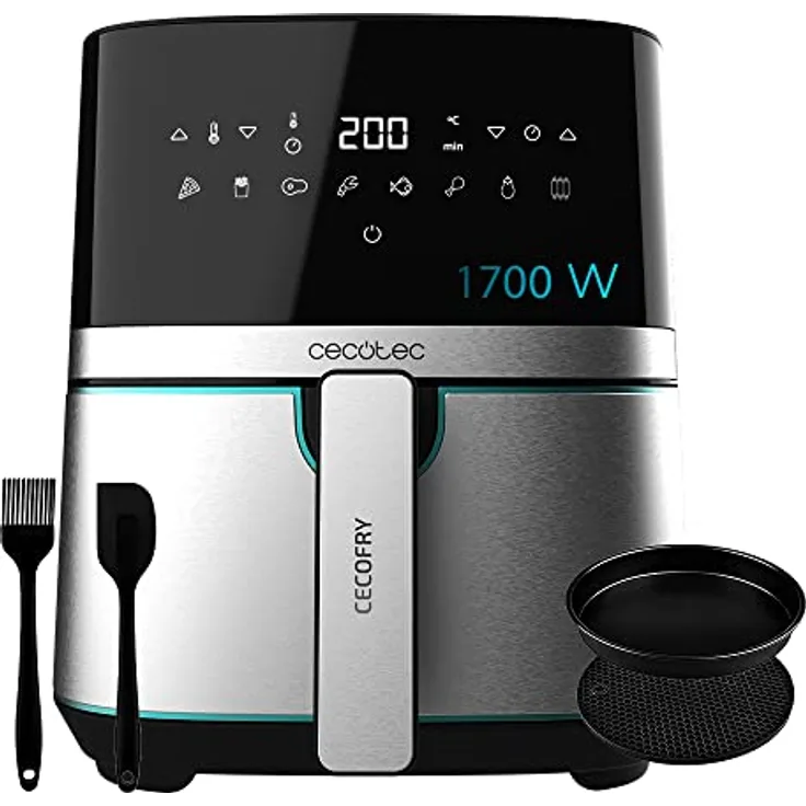 Cecotec Heißluftfritteuse 5,5 L Cecofry Full Inox 5500 Pro mit Zubehör. 1700 W, Kompaktes und Digitale, Diät-Fritteuse, Edelstahlausführung, ölfrei, PerfectCook, Inklusive Zubehör