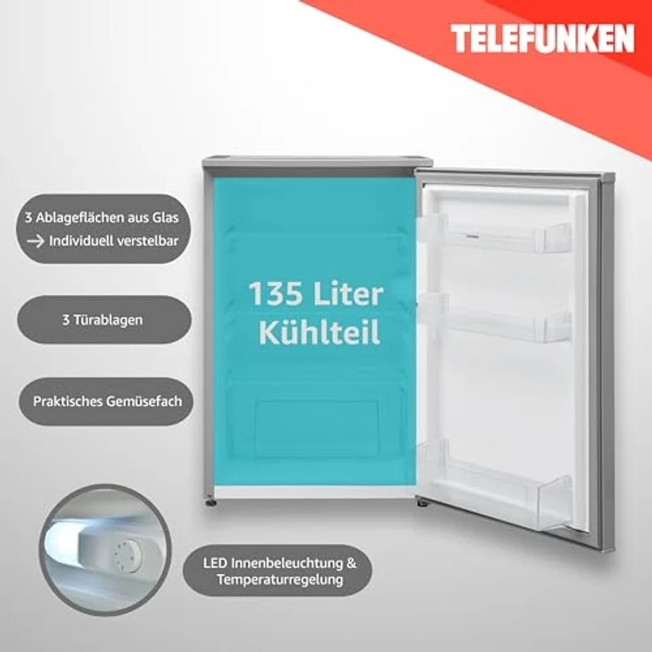 TELEFUNKEN Kühlschrank C-135-100-S silber ohne Gefrierfach | Standkühlschrank mit 135 Liter Nutzinhalt | Kompakt mit Gemüsefach | Vollraumkühlschrank mit wechselbarem Türanschlag – Bild 3