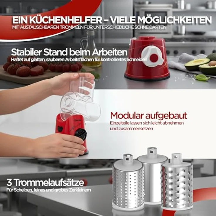 BI International Gemüseschneider mit Kurbel, Trommelreibe mit 3 Edelstahl-Klingen, starke Saugfuß-Technologie – Bild 3