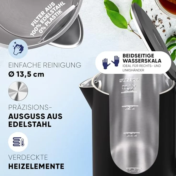 Stillstern Wasserkocher Turbo-Heat "Clarity", 1,7L, doppelwandig, 2200W, Anti-Fingerprint, leise, Edelstahl – Bild 6