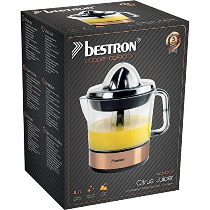 Bestron elektrische Zitrus- & Orangenpresse, inkl. 2 Presskegel und Aromadeckel, Motor mit zwei Drehrichtungen (links/rechts), Füllmenge: 0.7 Liter, 40 Watt, Farbe: Kupfer – Bild 5