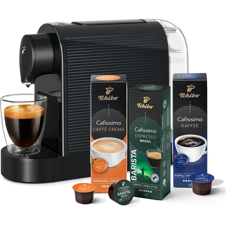 Tchibo Cafissimo „Pure plus“ Kaffeemaschine Kapselmaschine inkl. 30 Kapseln für Caffè Crema und Espresso, 0,8l, 1250 Watt, Schwarz - Benutzerfreundliche Kapselmaschine mit Drei-Druck-Brühsystem und nachhaltigen Kapseln