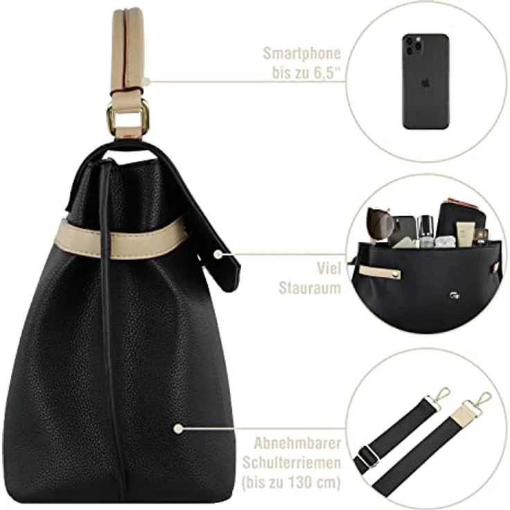 bugatti Umhängetasche ELLA, elegante Handtasche mit kontrastfarbenen Raffungen, goldener Drehverschluss und verstärktem Boden, schwarz – Bild 4