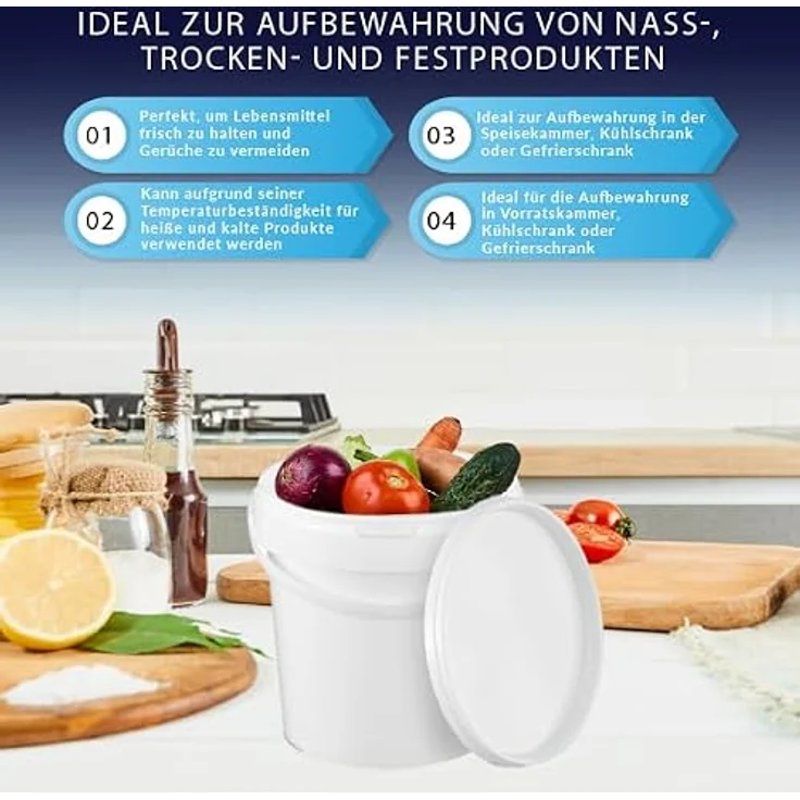 BenBow Eimer mit Deckel 3l weiß 5X 3l - lebensmittelecht, stabil, luftdicht, auslaufsicher, geruchsneutral - Plastikeimer mit Henkel - leer – Bild 3