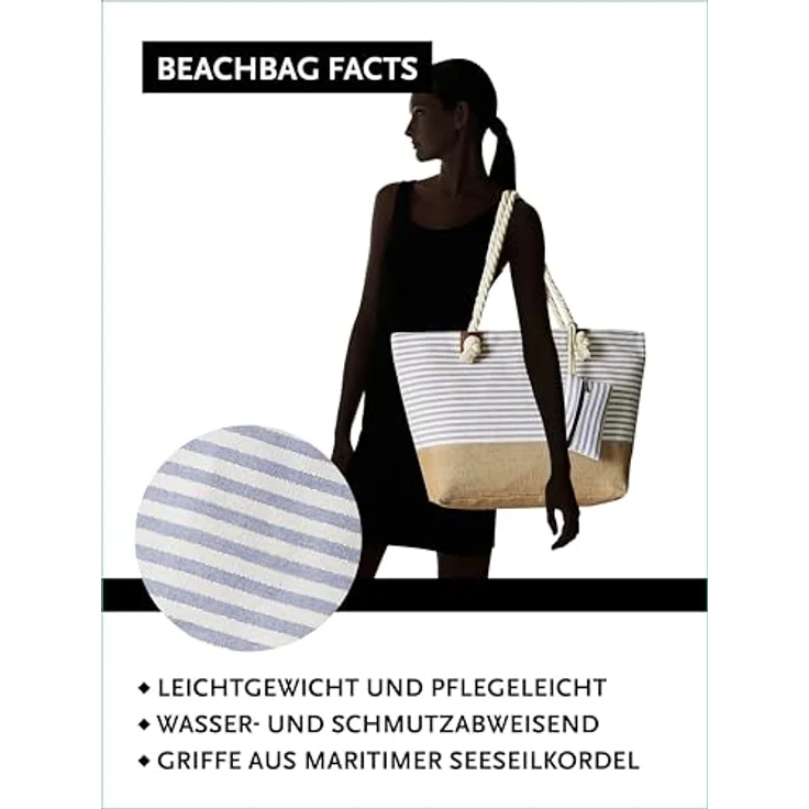 DonDon Badetasche XXL Familie, Strandtasche Damen mit Reißverschluss, 58x38x18 cm, Streifen hellblau, inklusive kleiner Tasche – Bild 4