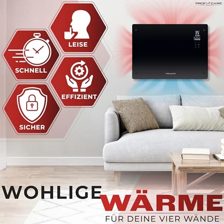 ProfiCare® Elektroheizung mit Glasfront & X-Shape Heizelement | mobiler Heizkörper auch für Wandmontage geeignet | Konvektor Heizung mit 2 Heizstufen | lautloses Heizen - 0dB | PC-GKH 3118 schwarz – Bild 4