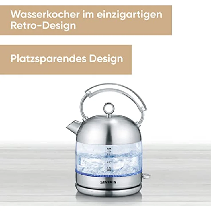 Severin WK 3459 Glas-Wasserkocher, 2400W, 1,7 Liter, Wasserstandsanzeige, abnehmbarer Deckel, silber – Bild 2