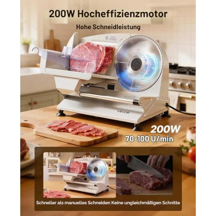 VEVOR SL-520A Fleischschneidemaschine 200 W, Elektrische Aufschnittmaschine mit 19 cm Klingen und einstellbarer Schnittdicke von 0–15 mm – Bild 2