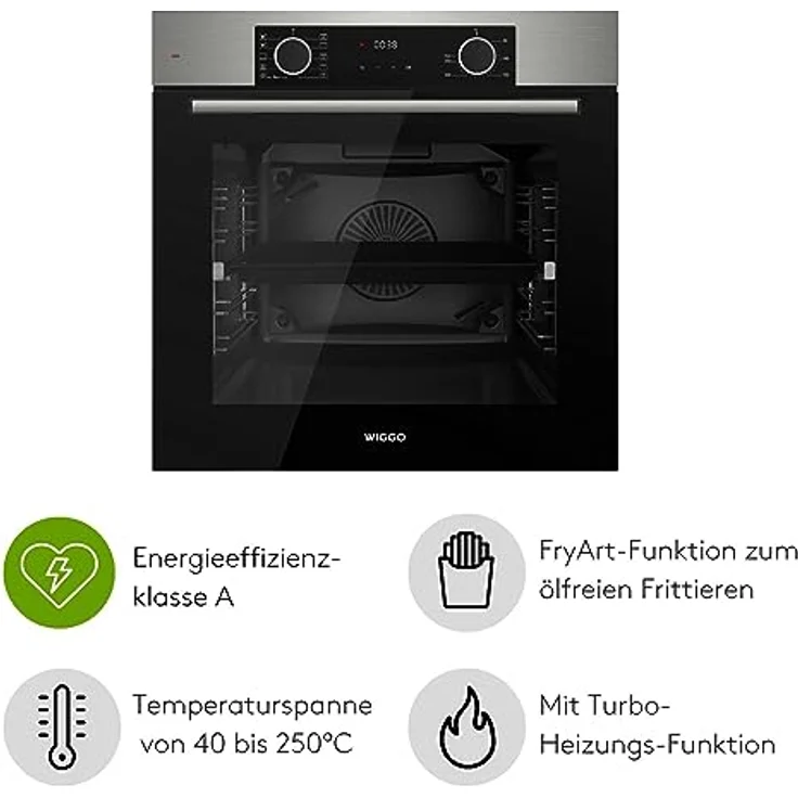 **Wiggo WO-BFA610 Einbau-Backofen inox 60 cm 73 l Airfryer Ober- & Unterhitze Heißluft Grillen Auftauen 4 Bleche Konfektion** – Bild 2