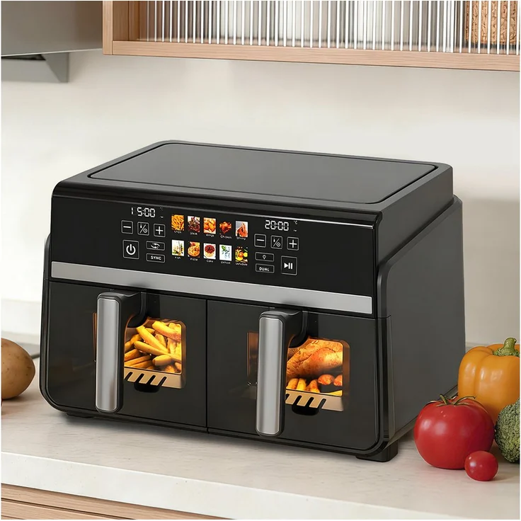 Nettlife Heißluftfritteuse Dual Zone, 10L Gesamtvolumen, 2 Kammern, Touchscreen, 2200 W, spülmaschinengeeignet, schwarz