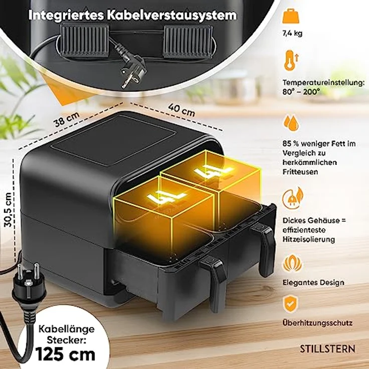 Stillstern Heißluftfritteuse Dual Zone 8L [2x 4L] mit Gleiches-Ende & Shake Funktion, 120 Rezepte [DEUTSCH], 8 Programme, Dörren, Auftauen&Warmhalten, 1700W Heissluftfritteuse Air Fryer XXL ohne Öl – Bild 4