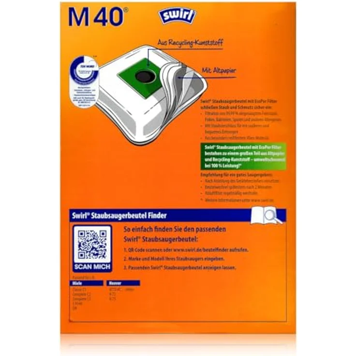 Swirl Staubsaugerbeutel M40 (M54) MicroPor Plus AirSpace, 3 Pakete mit Anti-Allergen-Filter und Dirtlock Staubverschluss für Miele Staubsauger Typ G – Bild 2