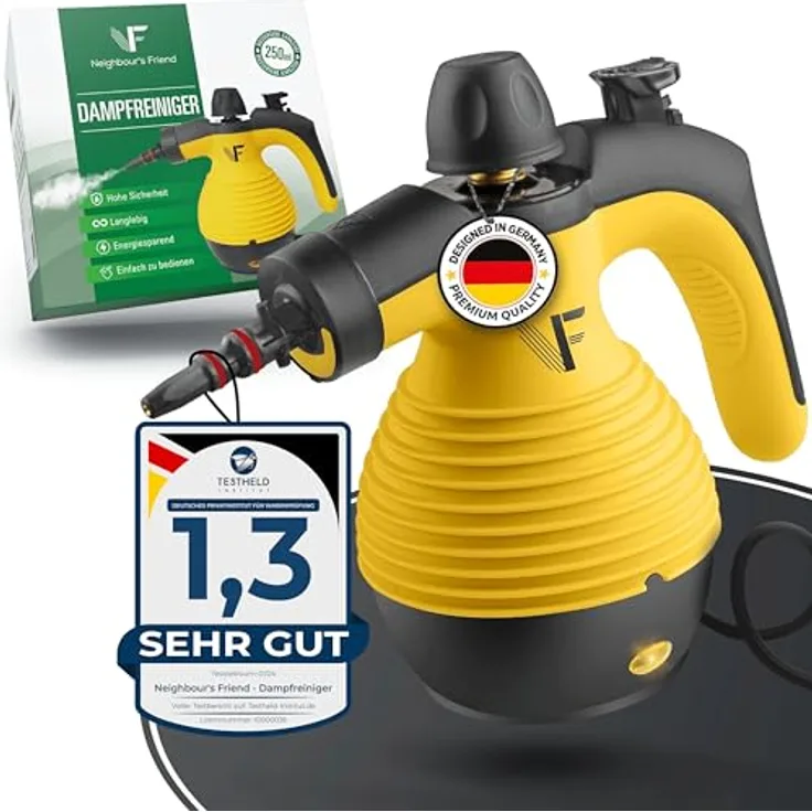 Neighbour's Friend® Dampfreiniger Handgerät mit vielen Aufsätzen 350ml Tank I Leistungsstarker Handdampfreiniger 3,5 Bar I Dampf Gerät Fenster mit Dampfregulierung, Schwarz