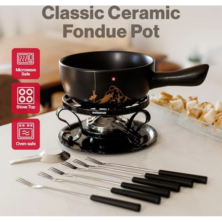 Swissmar F66901 Gruyère Fondue Set 9-teiliges, Keramik/Edelstahl, 2.65L, Fondue-Set für Fleisch, Käse und Schokolade, für 4 Personen, Geschenkset – Bild 3