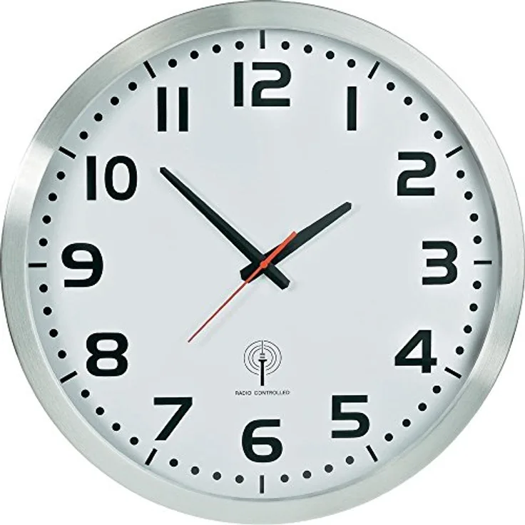 EUROTIME Funkwanduhr, 50 cm, Aluminiumgehäuse, Echtglas, klares 12-Zahlen Zifferblatt, automatische Zeitein- und Zeitumstellung von Sommer- und Winterzeit, Wanduhr für Wohnbereich oder Büro, rote Sekunde, wandanliegend, nur für Innen, 56863