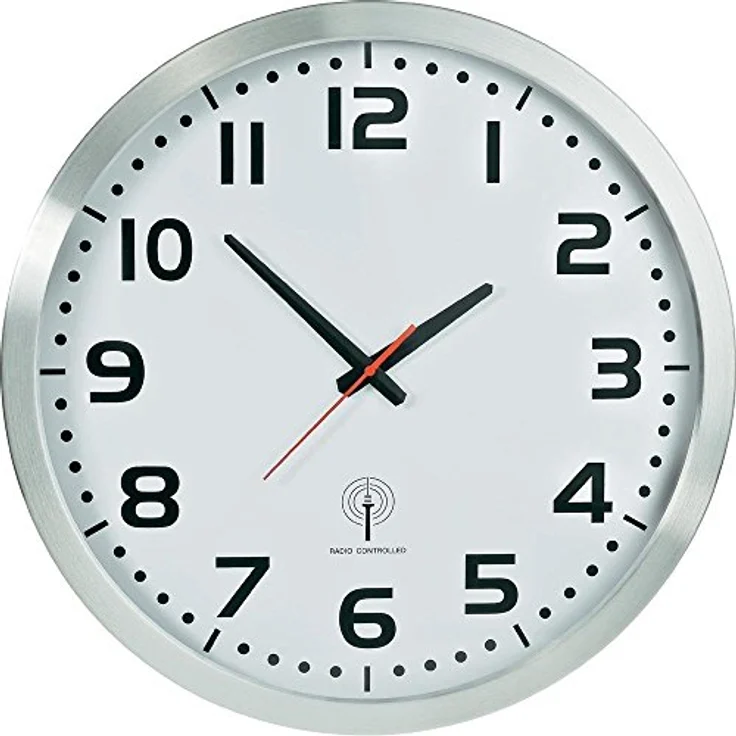 EUROTIME Funkwanduhr, 50 cm, Aluminiumgehäuse, Echtglas, klares 12-Zahlen Zifferblatt, automatische Zeitein- und Zeitumstellung von Sommer- und Winterzeit, Wanduhr für Wohnbereich oder Büro, rote Sekunde, wandanliegend, nur für Innen, 56863 – Bild 1