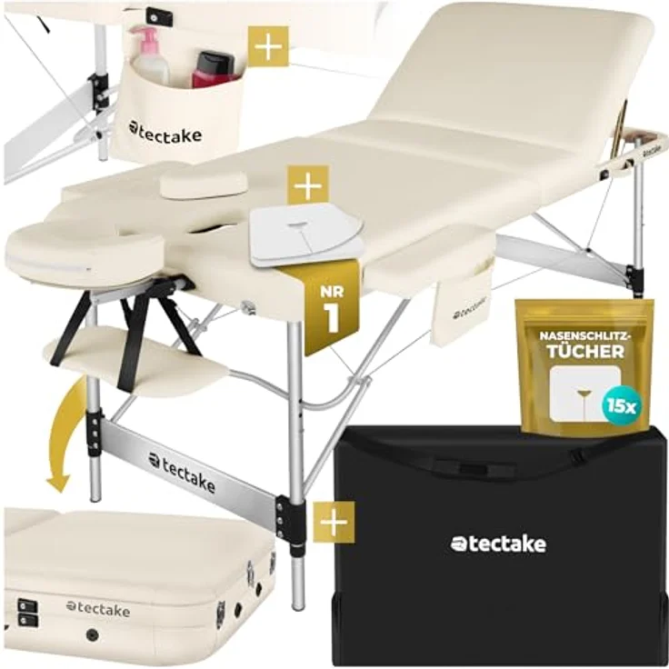 tectake Massageliege Ko Tao, klappbar, 3-Zonen, Beige, Metall, höhenverstellbar, 108x90x212 cm – Bild 1
