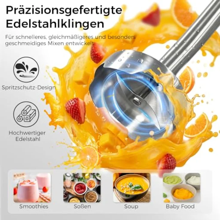 YASHE 1000W Pürierstab 5-in-1, Stabmixer mit Turbo, Edelstahl-Klinge und Spritzschutz, ergonomischer Griff, spülmaschinenfest – Bild 4