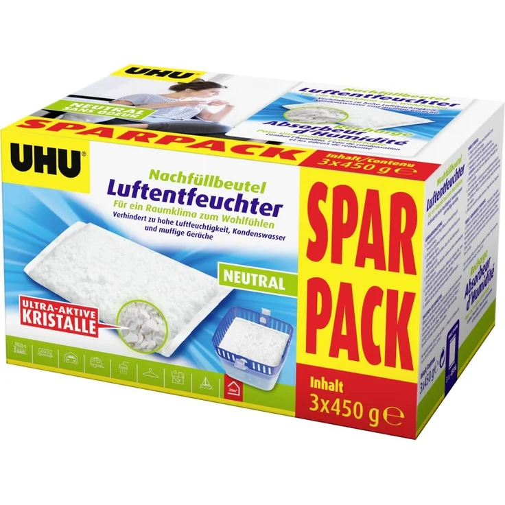 UHU Luftentfeuchter Nachfüllbeutel Sparpack, 3 x 450g - Effektive Feuchtigkeitsbekämpfung und geräuschloser Betrieb – Bild 1