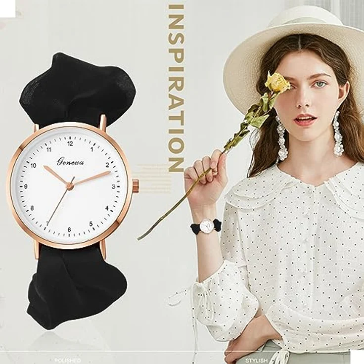 JewelryWe Damen Armbanduhr mit elastischem Haarband, Analoge Quarz-Uhr mit Schwarz Haargummi, klassisches Design und präziser Zeitanzeige – Bild 4