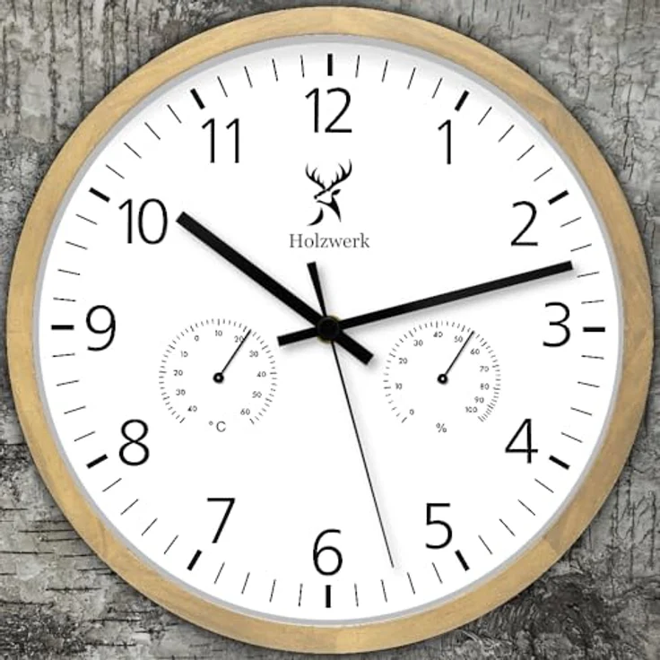 Holzwerk Holzwerk Wanduhr, Rund, beige und weiß, 30 cm, mit Thermo-Hygrometer, handgefertigt aus massivem Holz, minimalistisches Design – Bild 6