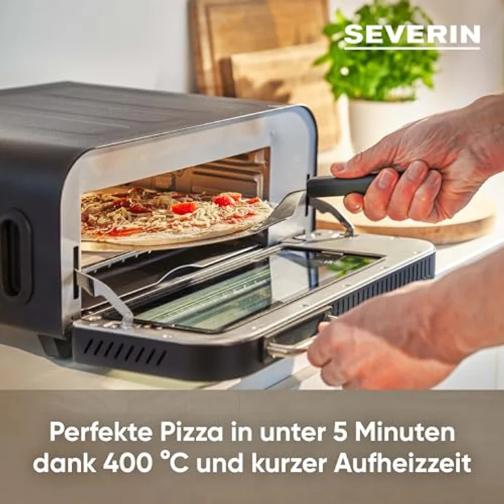 Severin Minibackofen SERICO PG 8575, Integriertes Digitales Display, Pizzastein und Guss-Grillplatte, Heißluft-Frittierkorb, 3-fach verglaste Tür, Automatik-Programme, in edlem Schwarz – Bild 2