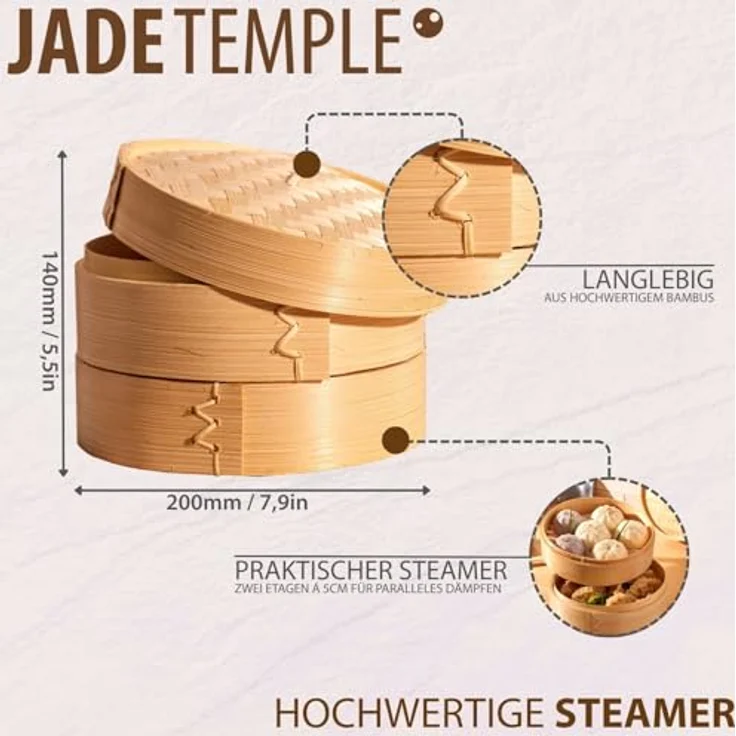 JADE TEMPLE 17115 Steamer-Set, Bambus 2 Körbe mit 1 Deckel,braun 16 x 21 x 21 cm – Bild 4