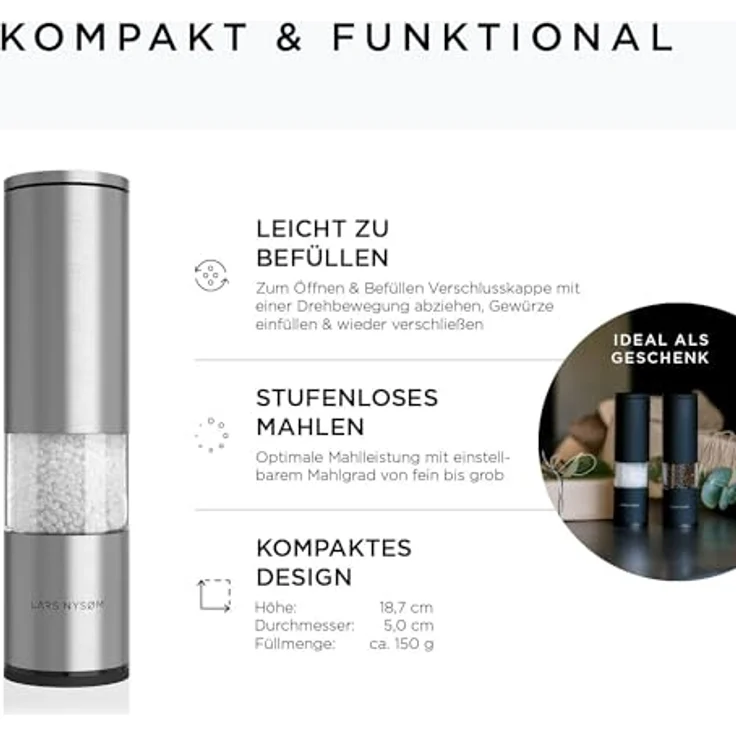 LARS NYSØM Salz und Pfeffer Mühle 2er Set Manuell mit einstellbarem Keramik-Mahlwerk von grob bis fein I Design Gewürzmühlenset (2 Stück) (Stainless Steel) – Bild 4