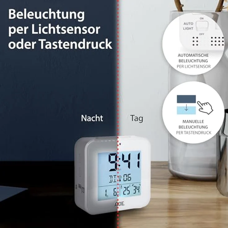 ADE Funkwecker Wecker digital funk mit Temperatur und Luftfeuchtigkeit automatischer Lichtsensor, 2 Weckzeiten, Schlummerfunktion – Bild 4