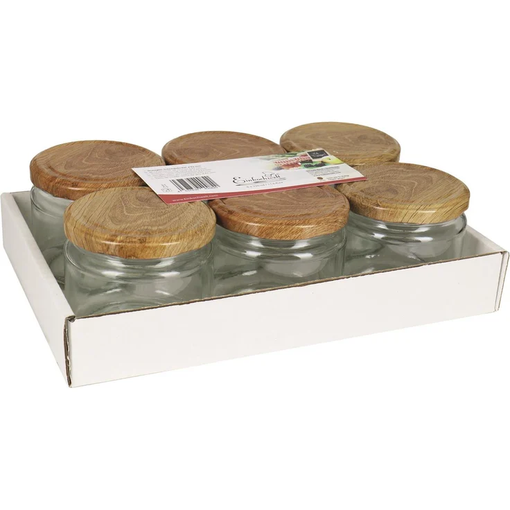 DOSEN-ZENTRALE Schraubdeckelglas 330ml, Einmachglas mit 82mm TO-Deckel aus Holz, 6er Tray für Marmeladen und Gewürze