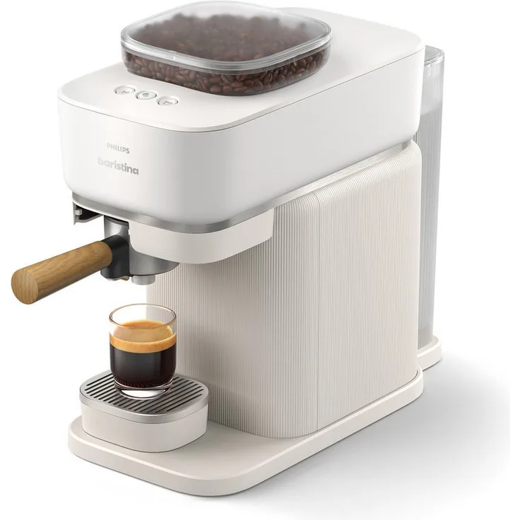 PHILIPS baristina Espressomaschine BAR302/20 mit Mahlwerk für ganze Bohnen, 16 bar Pumpendruck, Naturweiß/Eschenholz