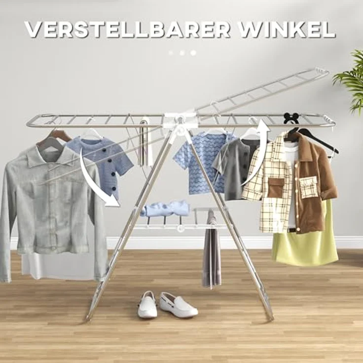 HOMCOM faltbarer Wäscheständer, tragbarer Flügelwäschetrockner, Edelstahl, Kunststoff, Silber, Weiß, – Bild 4