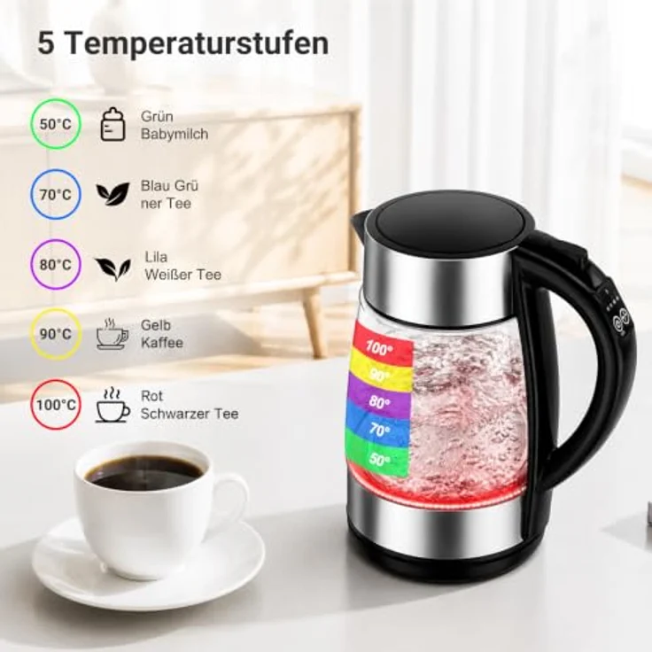 YASHE Wasserkocher mit Temperatureinstellung, 1,7L, 2200W, Glas, 5-Farben LED-Beleuchtung, kabellos, Warmhaltefunktion – Bild 3