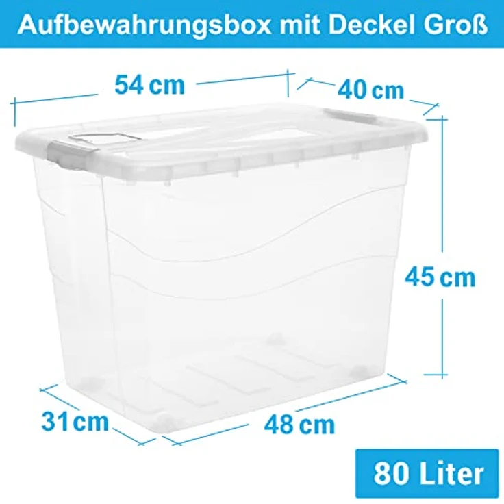 2friends Aufbewahrungsbox mit Deckel Groß, 2er Set 80L, transparente Kunststoffboxen mit grauen Clipverschlüssen, stapelbar, BPA-frei, 54cm x 45cm x 48cm – Bild 2