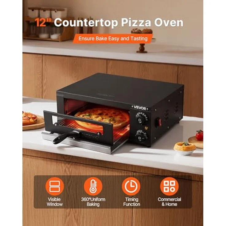 VEVOR elektrischer Pizzaofen PSL-12-EU, 30 cm Tischpizzaofen mit Temperaturregelung 25-300 °C, 1450 W, zwei Heizrohren und Grillrost für Küche und Gastronomie – Bild 2