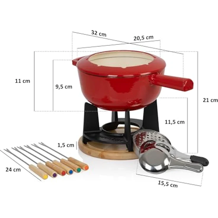 Mahlzeit Gusseisen Fondue Set für 6 Personen | 2 Liter | Fondueset 13 teilig mit Brenner und Gabeln | Fondue-Set, Käsefondue Set, Fleischfondue Set, Schokofondue Set (Rot emailliert) – Bild 3