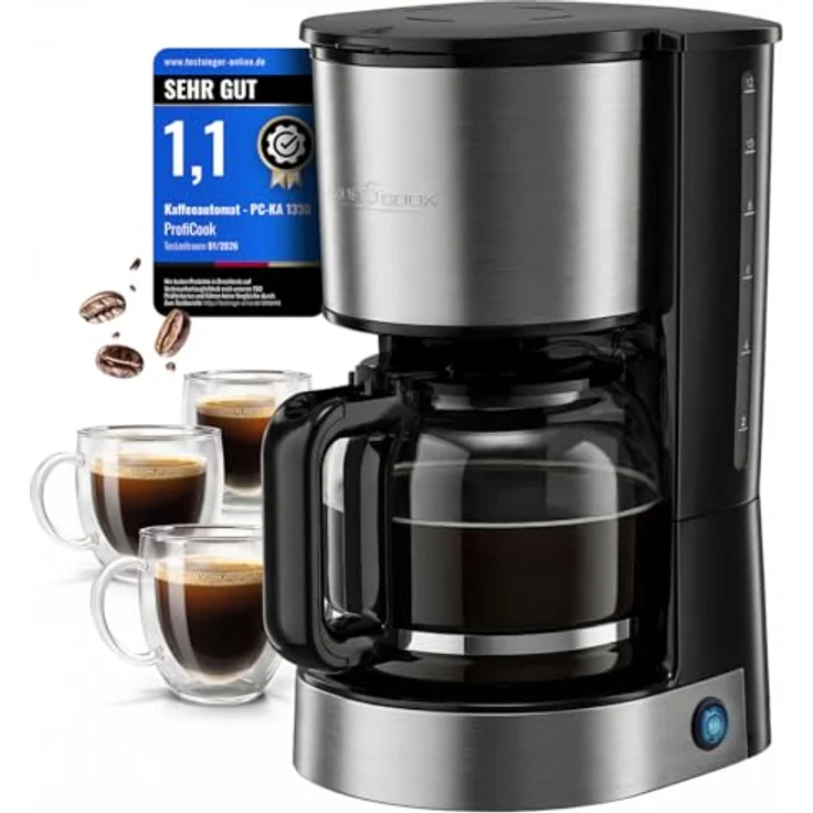 ProfiCook® Filterkaffeemaschine PC KA 1330, Glaskanne für 12-14 Tassen, 800W, Edelstahlfront, Warmhaltefunktion, Anti-Tropf-System – Bild 1