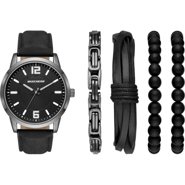 Skechers Quarzuhr SR9043, Herrenuhr analog mit Rotguss-Metallgehäuse, schwarzem Zifferblatt und 4 zusätzlichen Schmuckarmbändern – Bild 1