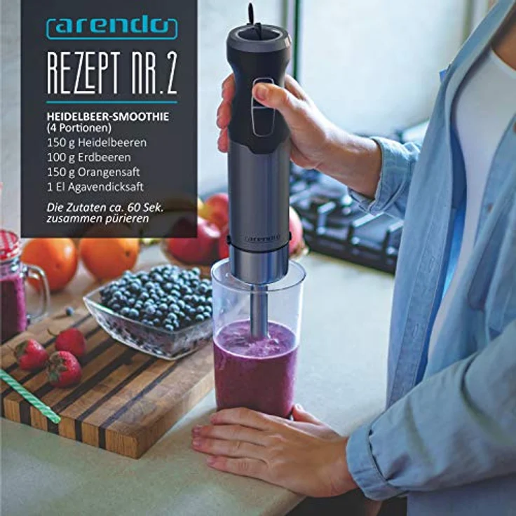 Arendo Handmixer & Rührgeräte 1000 Watt inkl. Messbecher - vierflügeliges Messer - abnehmbarer Mixfuß - Edelstahl Cool Grey – Bild 7