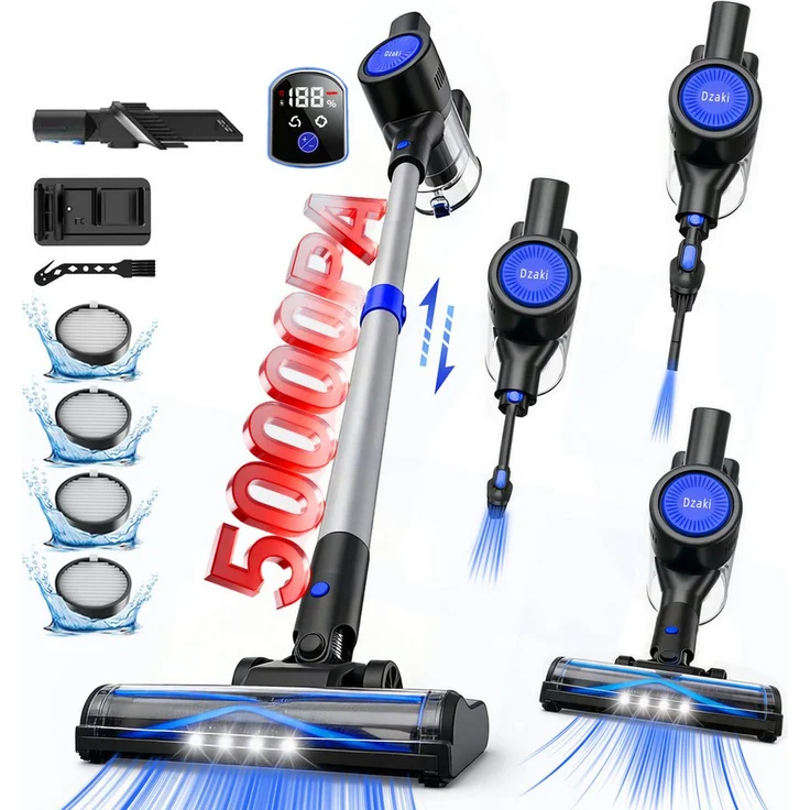 Grenintol Akku-Hand- und Stielstaubsauger, 2-in-1 kabellos mit 45.000 Pa Saugkraft, LED-Anzeige, 55 Minuten Akkulaufzeit, beutellos, mit Wandhalterung, leicht und ergonomisch