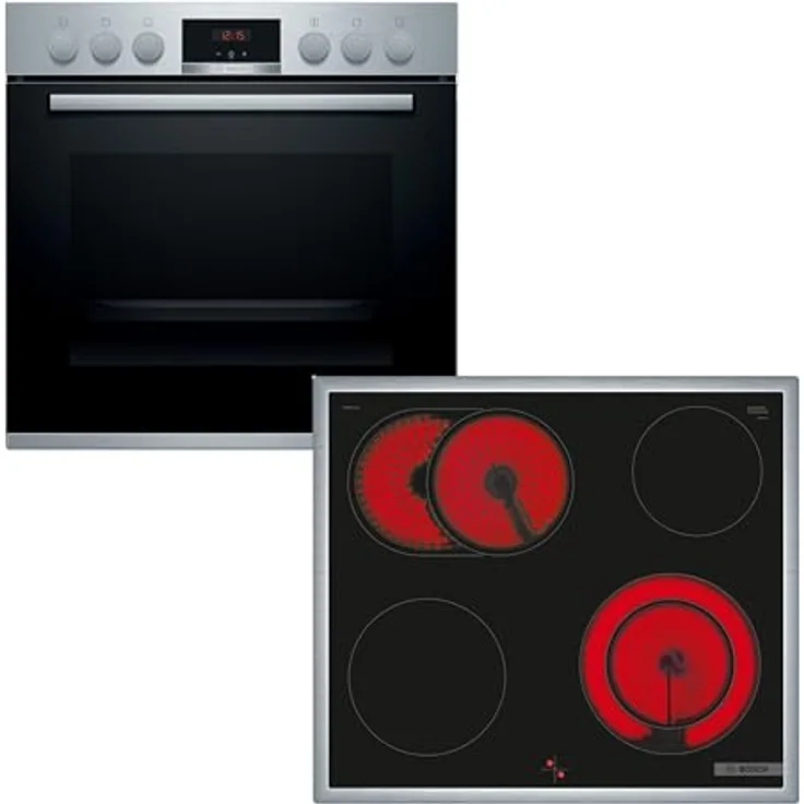 Bosch HND411VS62 Einbauherd-Set, HEA513BS2 Backofen mit 3D Heißluft und versenkbaren Drehknöpfen, NKN645GA2E Elektrokochfeld mit Edelstahlrahmen, 4 Kochzonen inkl. Bräterzone