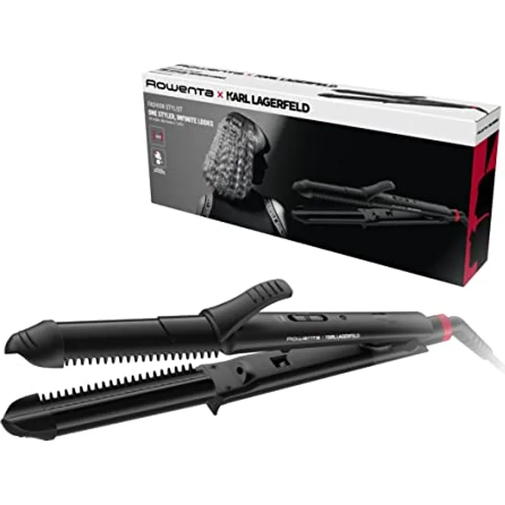 Rowenta Multistyler 3in1 Karl Lagerfeld Konisch CF451L 3-in-1 Multistyler 35 mm: Glätten, Wellen und Locken, Keramikbeschichtung, Temperaturregelung bis 200°, 2 integrierte Kämme, Schwarz/Rot